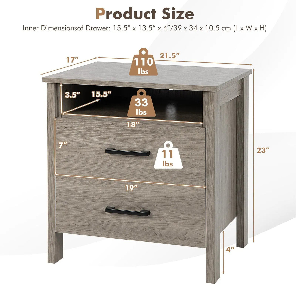 Modern Wood Grain Nightstand with Cable Hole and Open Compartment, photo 10 of 16