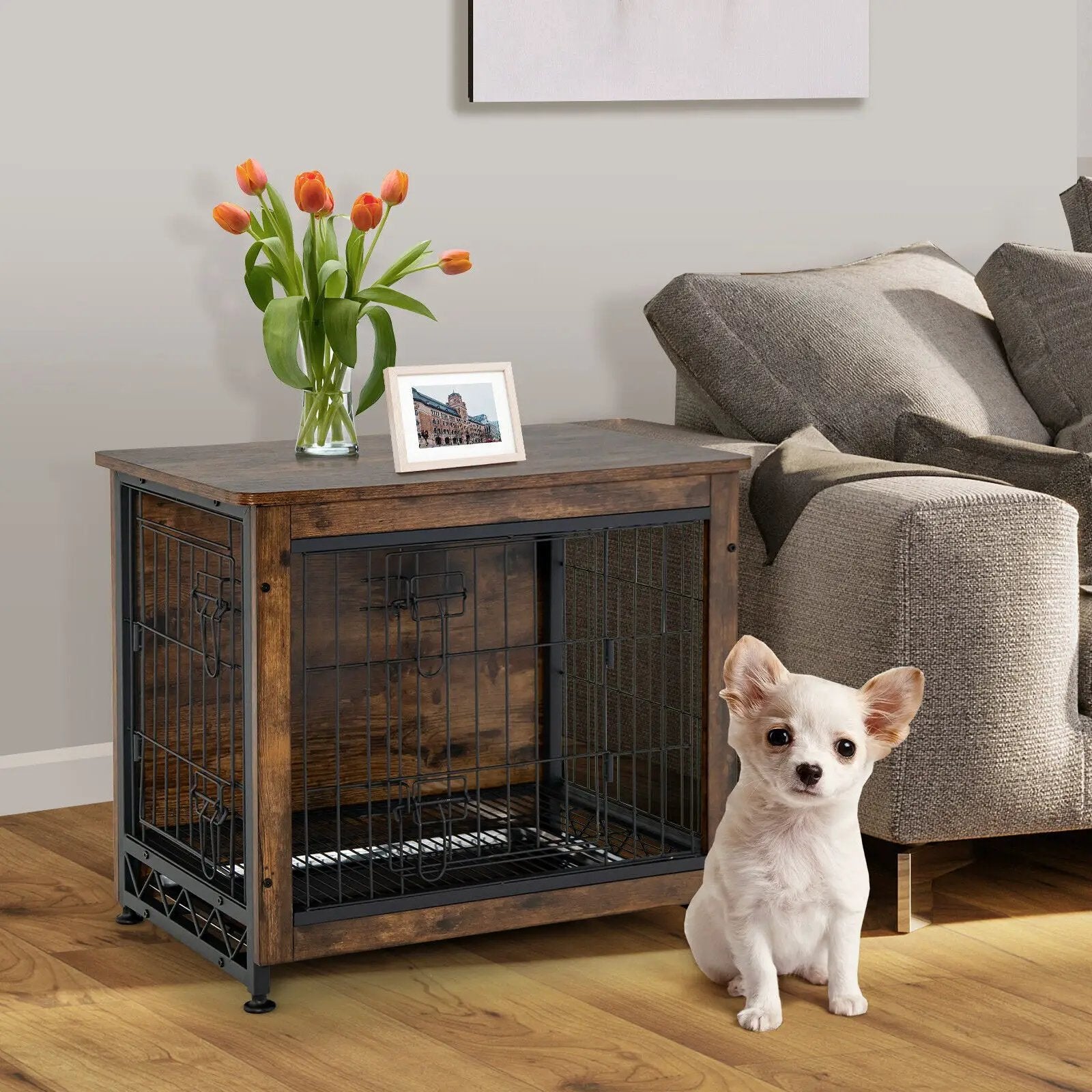 Wooden Dog Crate Furniture with Tray and Double Door-Brown by DirectDeals