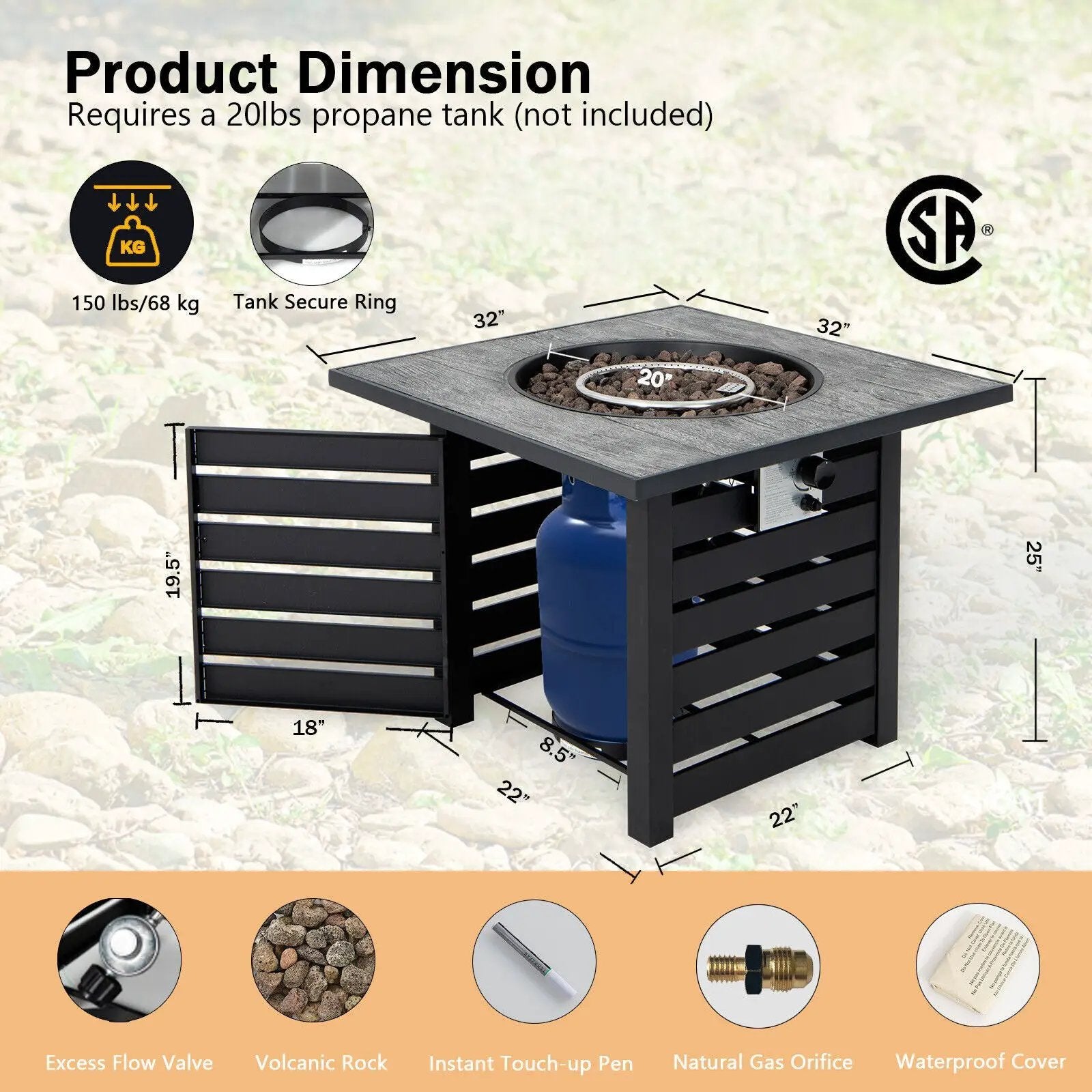 Square Propane Fire Pit Table with Lava Rocks and Rain Cover by DirectDeals