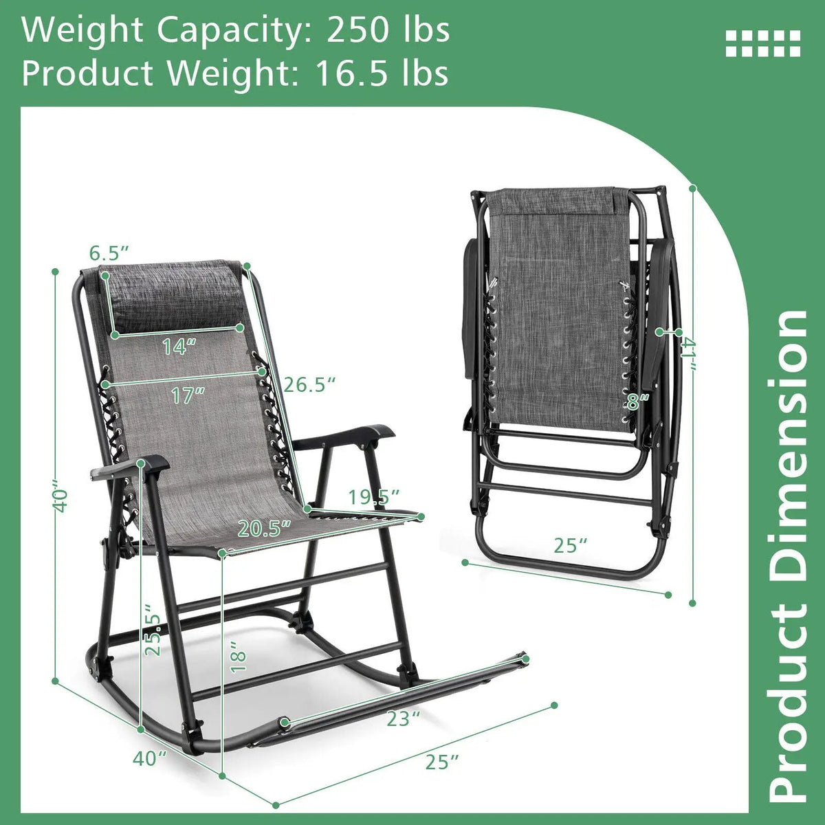 Outdoor Patio Camping Lightweight Folding Rocking Chair with Footrest, photo 18 of 40