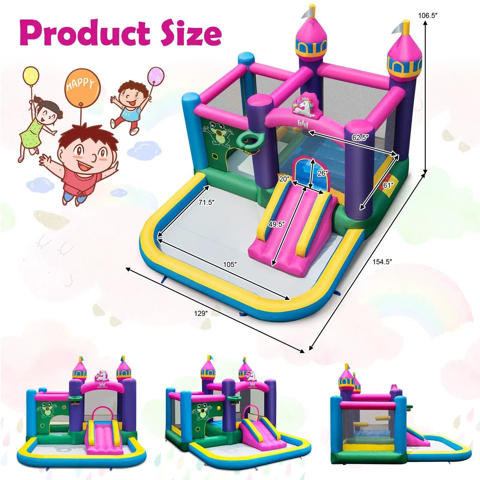 6-in-1 Kids Inflatable Unicorn-themed Bounce House with 735W Blower by DirectDeals