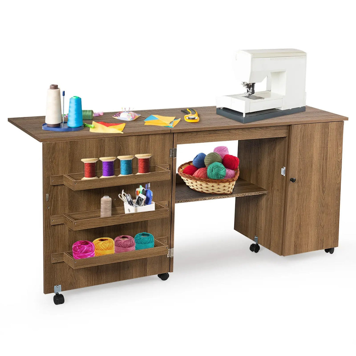 Folding Sewing Table Shelves Storage Cabinet Craft Cart with Wheels, photo 16 of 17