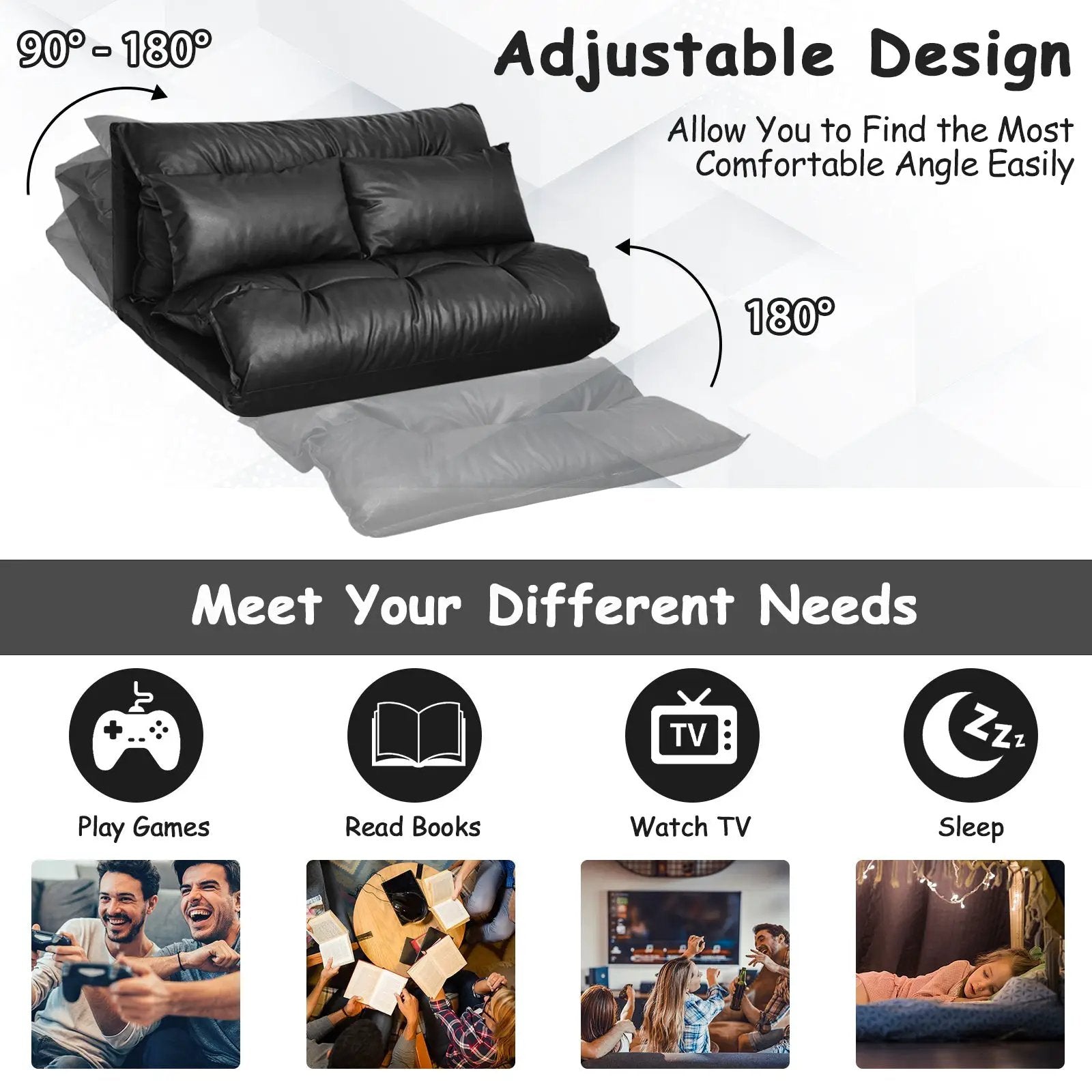 Foldable PU Leather Leisure Floor Sofa Bed with 2 Pillows-Black by DirectDeals