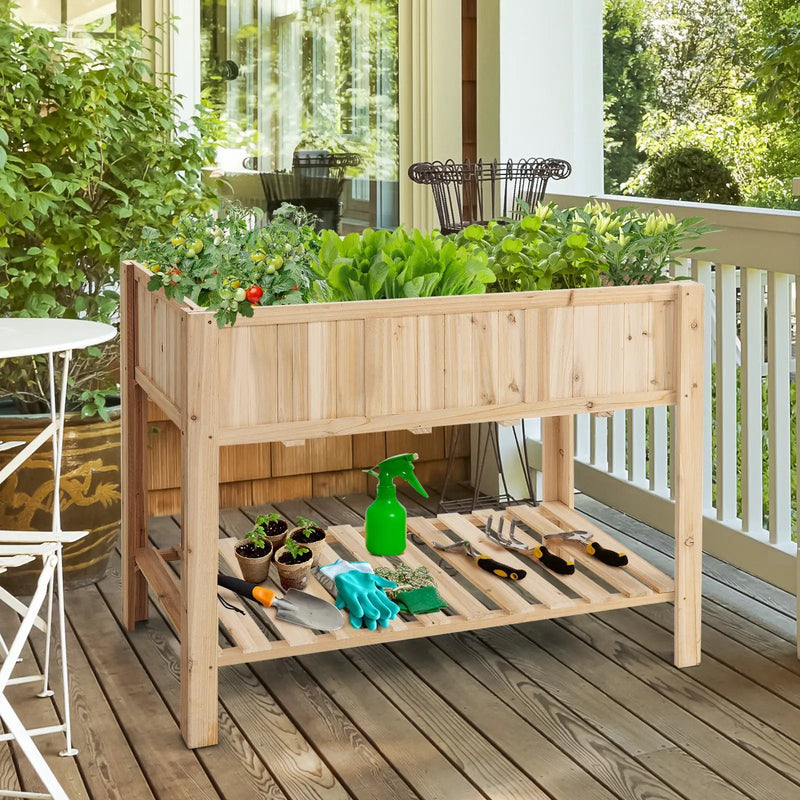 47 Inch Wooden Raised Garden Bed with Bottom Shelf and Bed Liner by DirectDeals