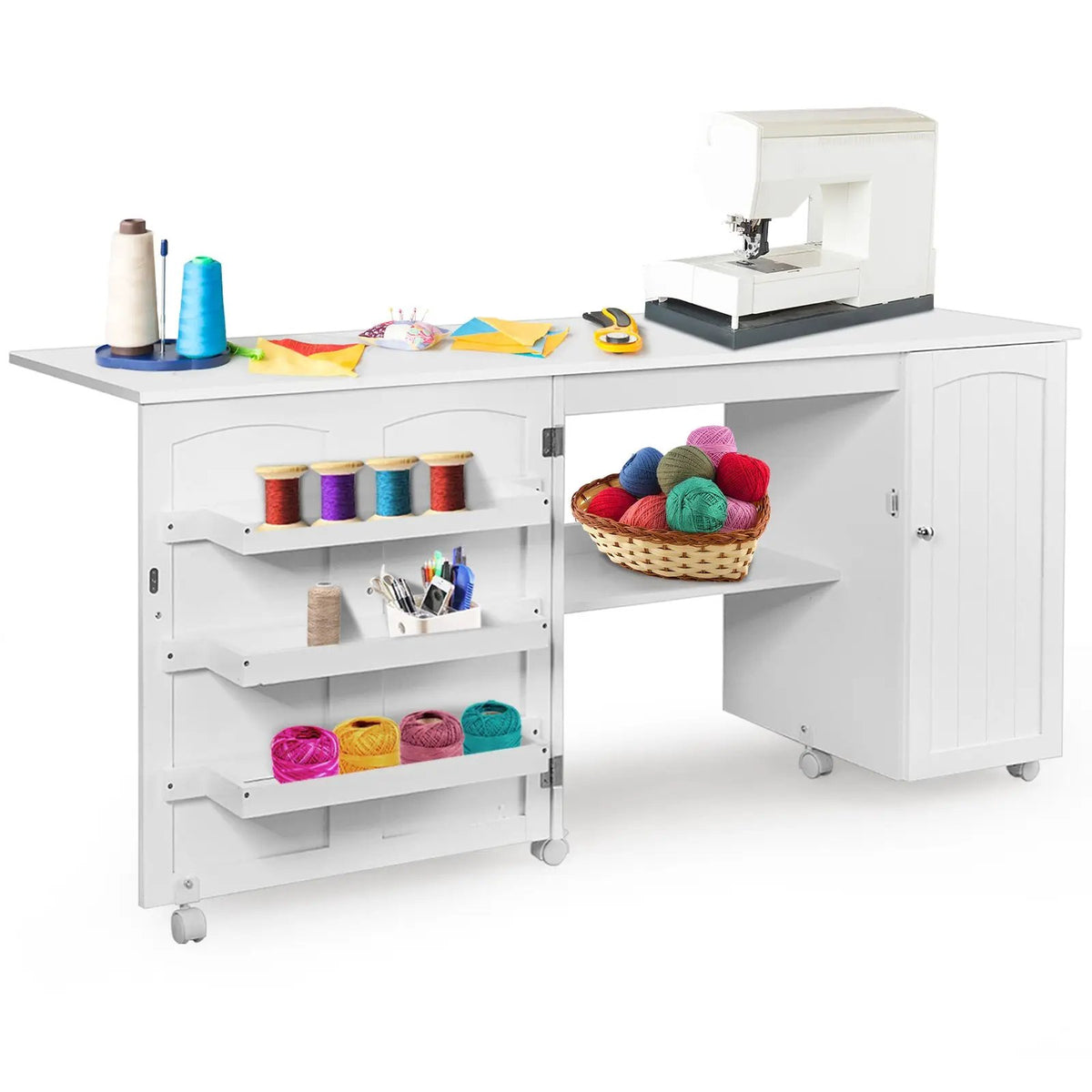 Folding Sewing Table Shelves Storage Cabinet Craft Cart with Wheels, photo 7 of 17