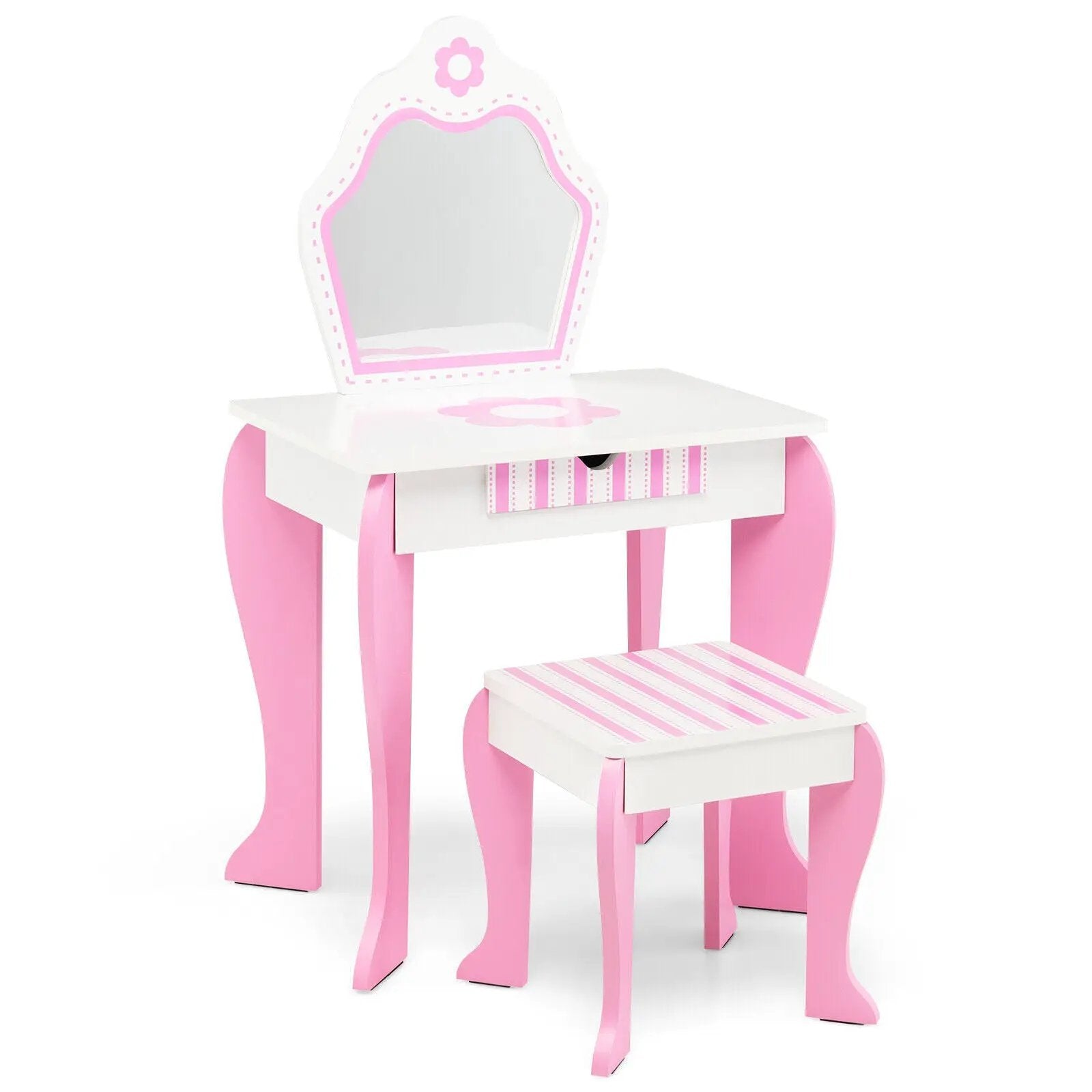 2-in-1 Toddler Vanity Set with Detachable Top & Cute Flower Patterns-White by DirectDeals