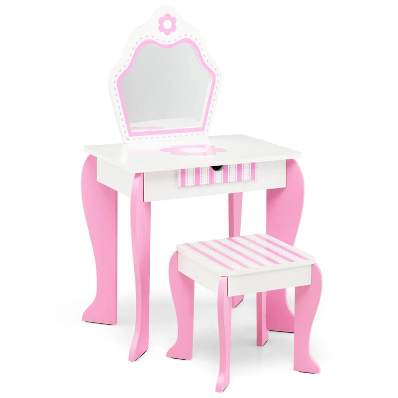 2-in-1 Toddler Vanity Set with Detachable Top & Cute Flower Patterns-White by DirectDeals