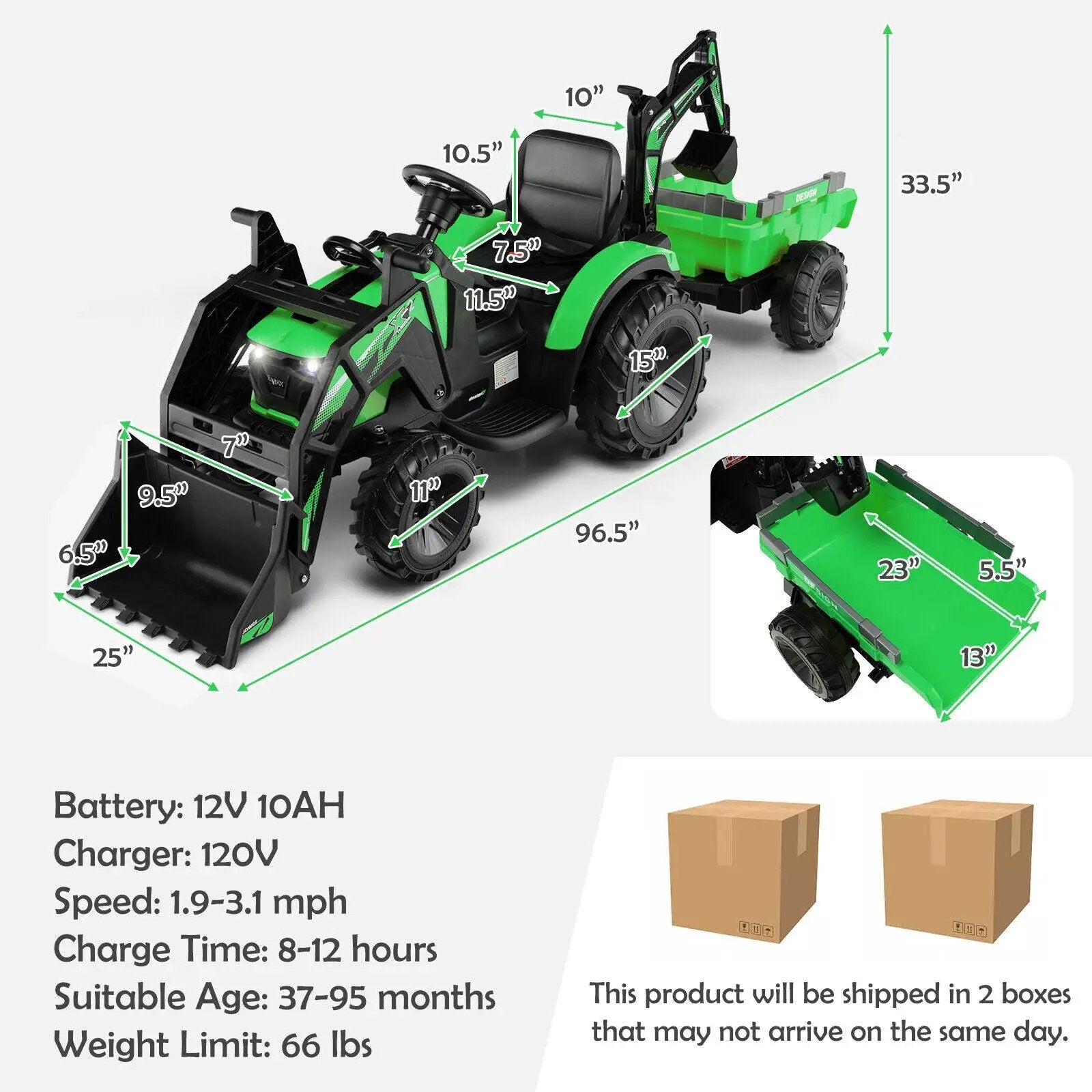 12V 3 in 1 Kids Ride On Excavator with Shovel Bucket and Music by DirectDeals