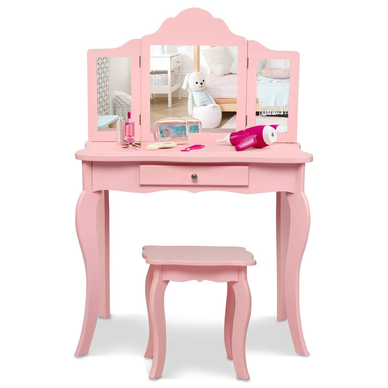 Kids Makeup Dressing Mirror Vanity Table Stool Set by DirectDeals