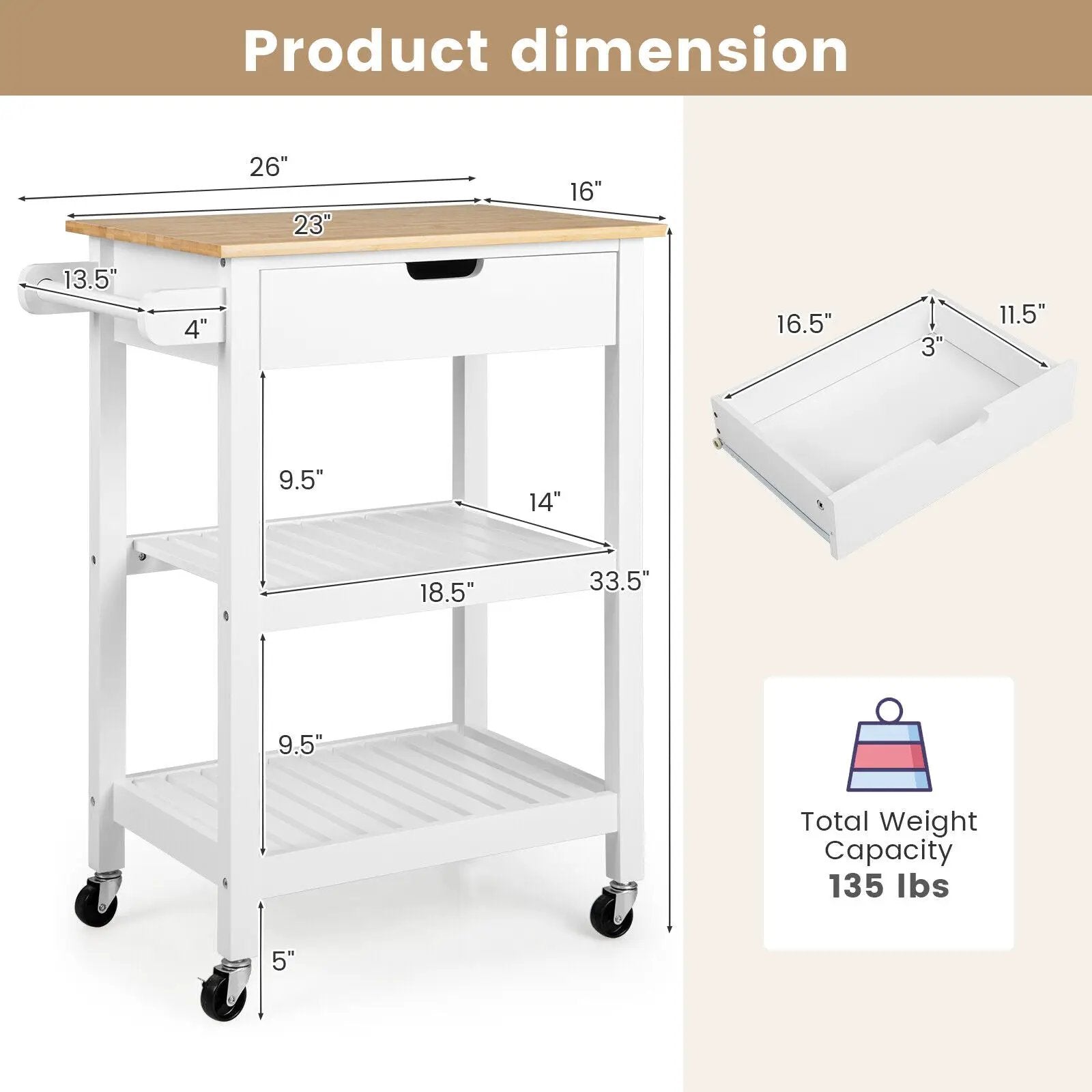 3-Tier Kitchen Island Cart Rolling Service Trolley with Bamboo Top by DirectDeals