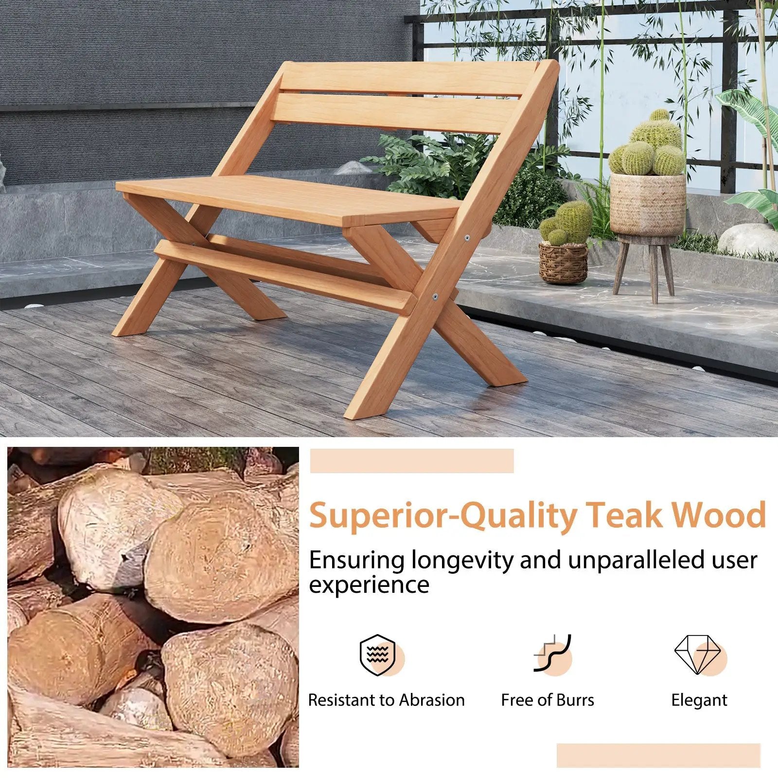 2-Person Indonesia Teak Wood Folding Outdoor Benches with Slatted Seat by DirectDeals