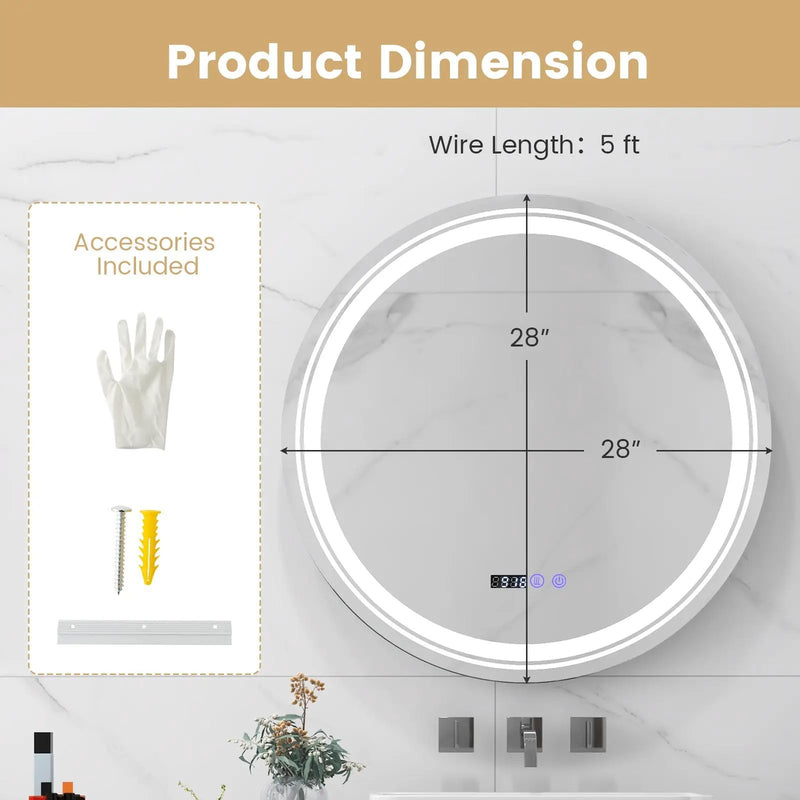 Anti-Fog Round Led Bathroom Mirror with 3 Color LED Lights by DirectDeals