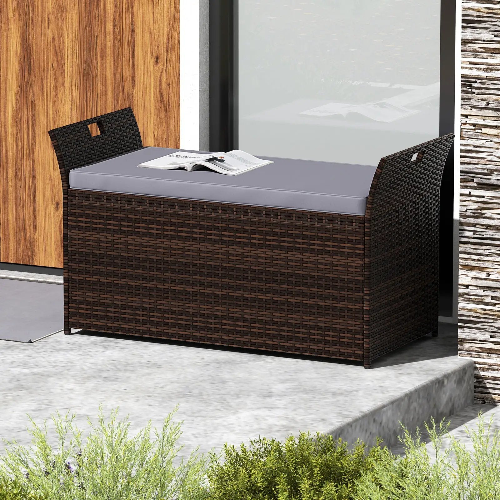 Outdoor Bench with Hand-woven PE Rattan Wicker and Side Handles-Gray by DirectDeals