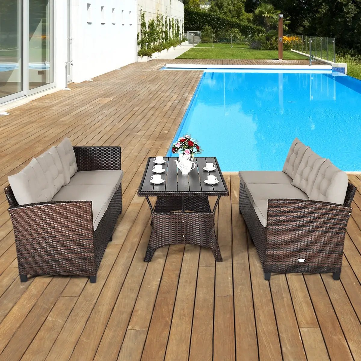 3 Pieces Hand-Woven Rattan Outdoor Sofa Set with Dining Table by DirectDeals