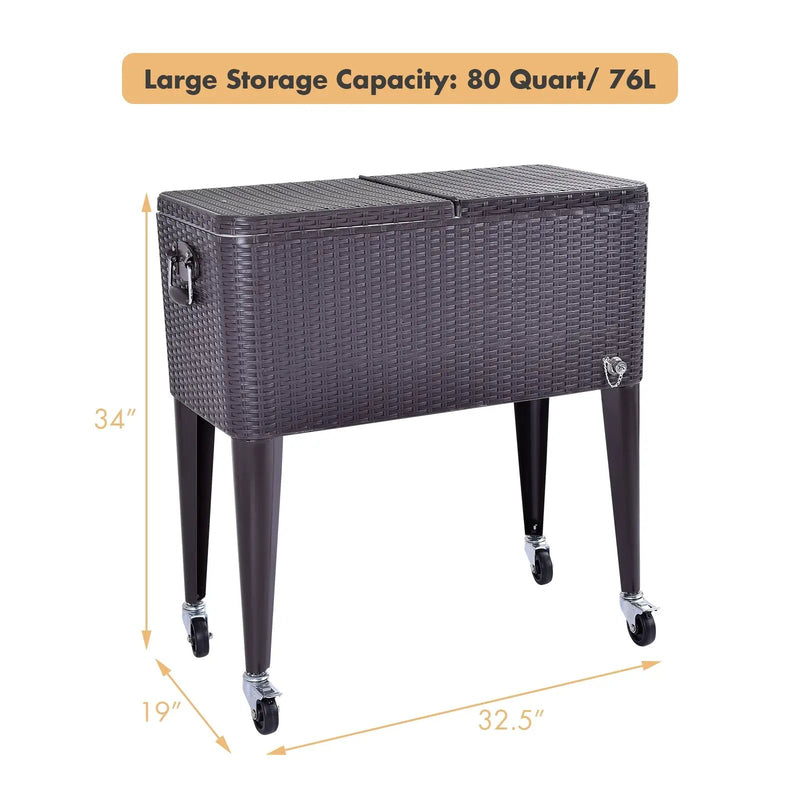 80QT Outdoor Party Portable Rattan Rolling Cooler Cart by DirectDeals