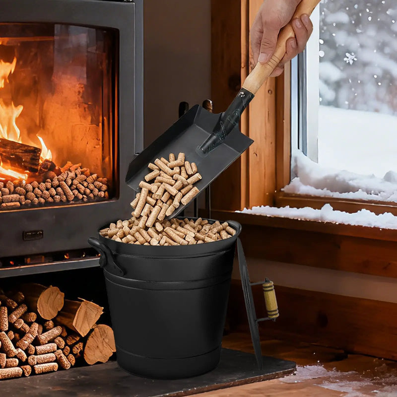 2.9 Gallon Metal Coal Ash Can with Wooden Lid and Side Grips for Fireplace Fire Pits by DirectDeals