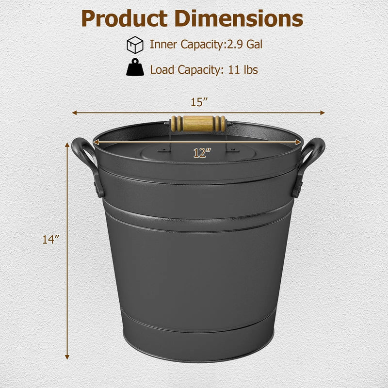 2.9 Gallon Metal Coal Ash Can with Wooden Lid and Side Grips for Fireplace Fire Pits by DirectDeals