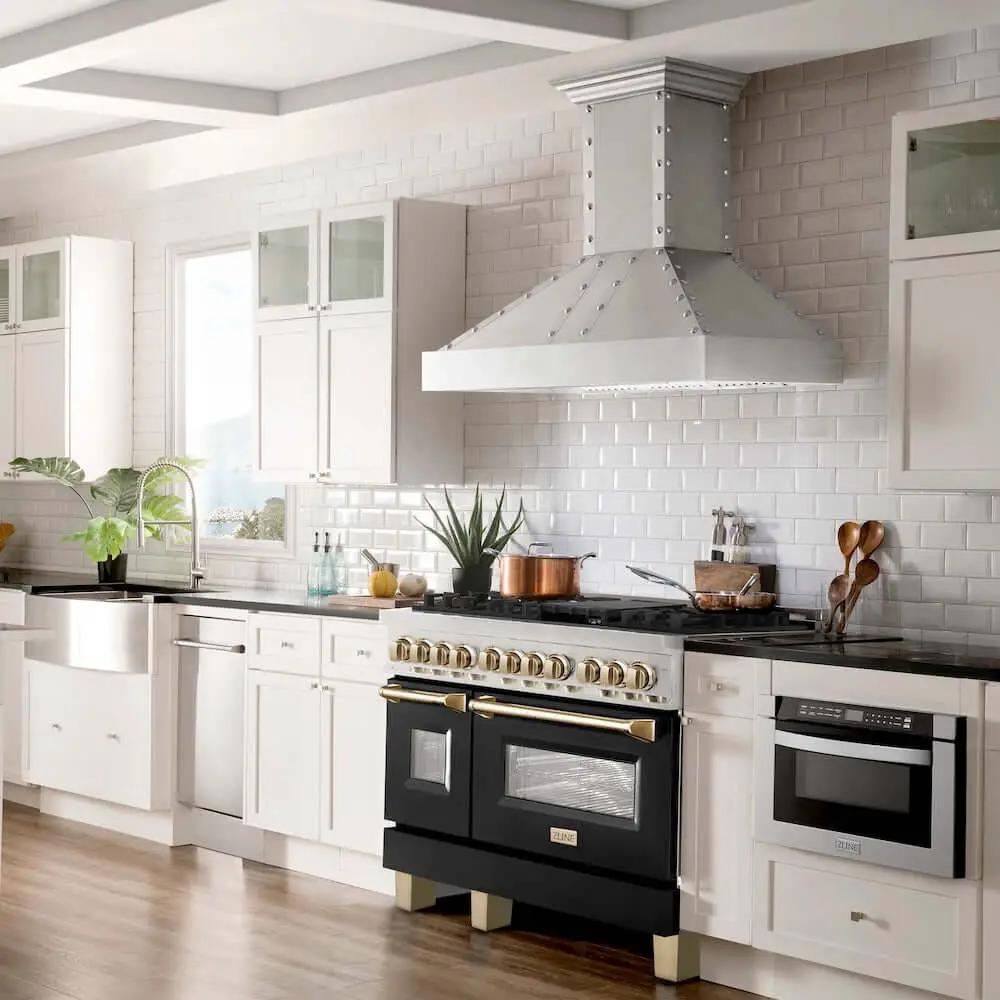 ZLINE 48" Autograph Dual Fuel Range, Black, Gold, RAZ-BLM-48-G by Farmhouse Kitchen and Bath