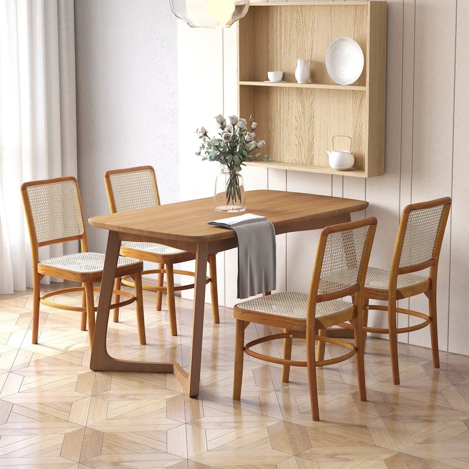 Set of 2 Boho Dining Chairs Rattan with Teak Wood Structure and Footrests by DirectDeals