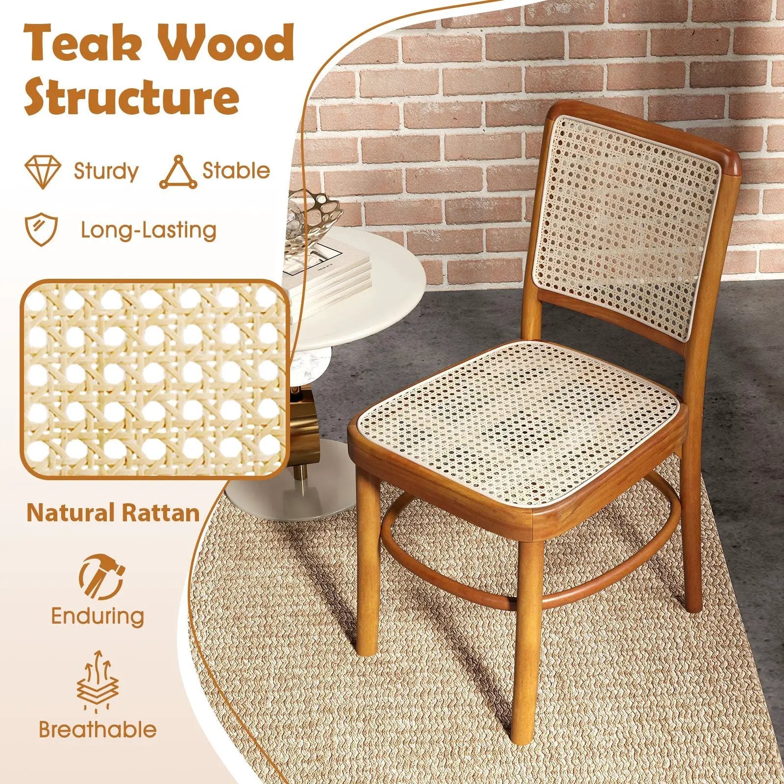 Set of 2 Boho Dining Chairs Rattan with Teak Wood Structure and Footrests by DirectDeals