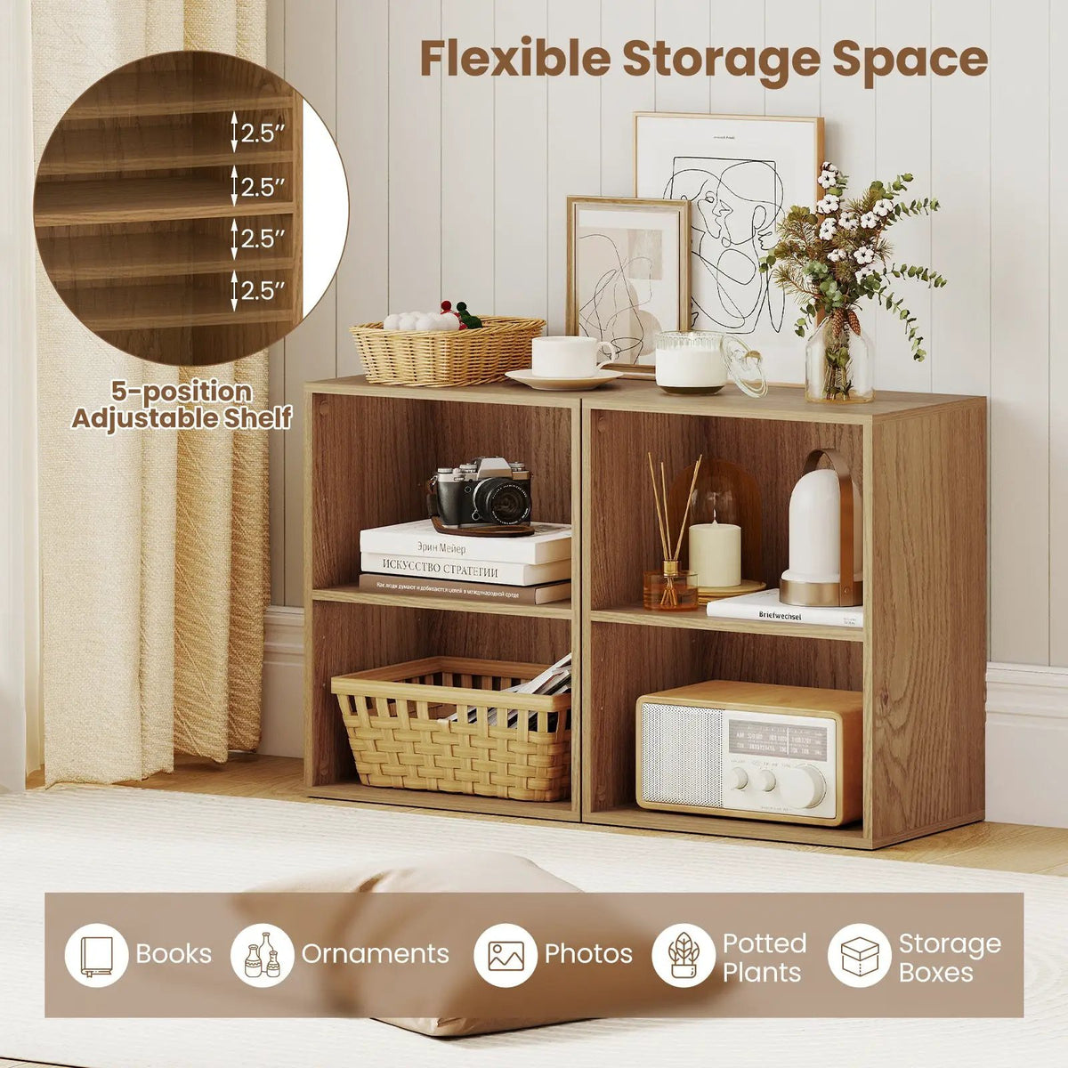 2-Cube Bookcase Floor Standing Open Bookshelf with 5-Position Adjustable Shelf, photo 14 of 32