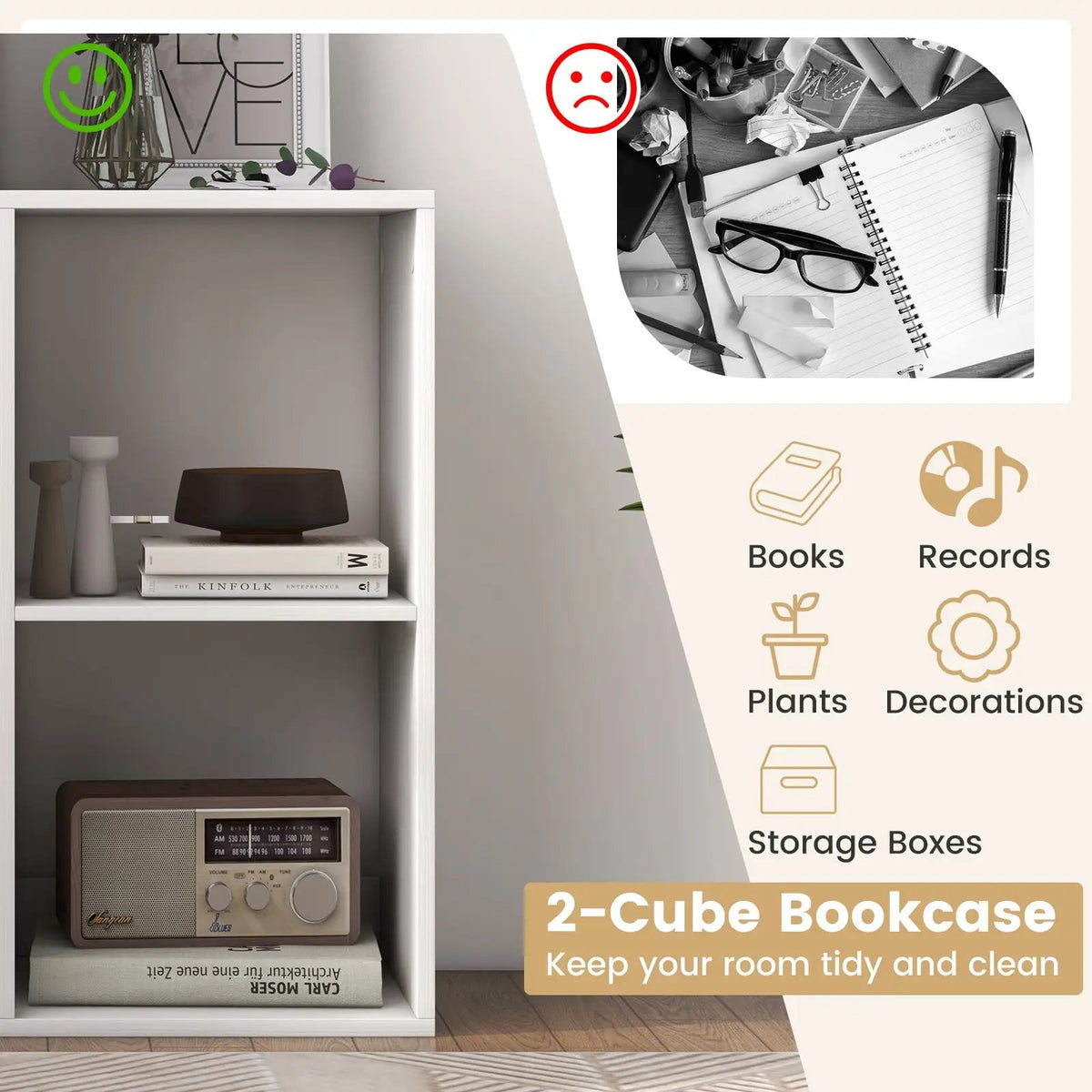 2 Cube Bookshelf with Back Guardrail for Living Room Bedroom, photo 7 of 11