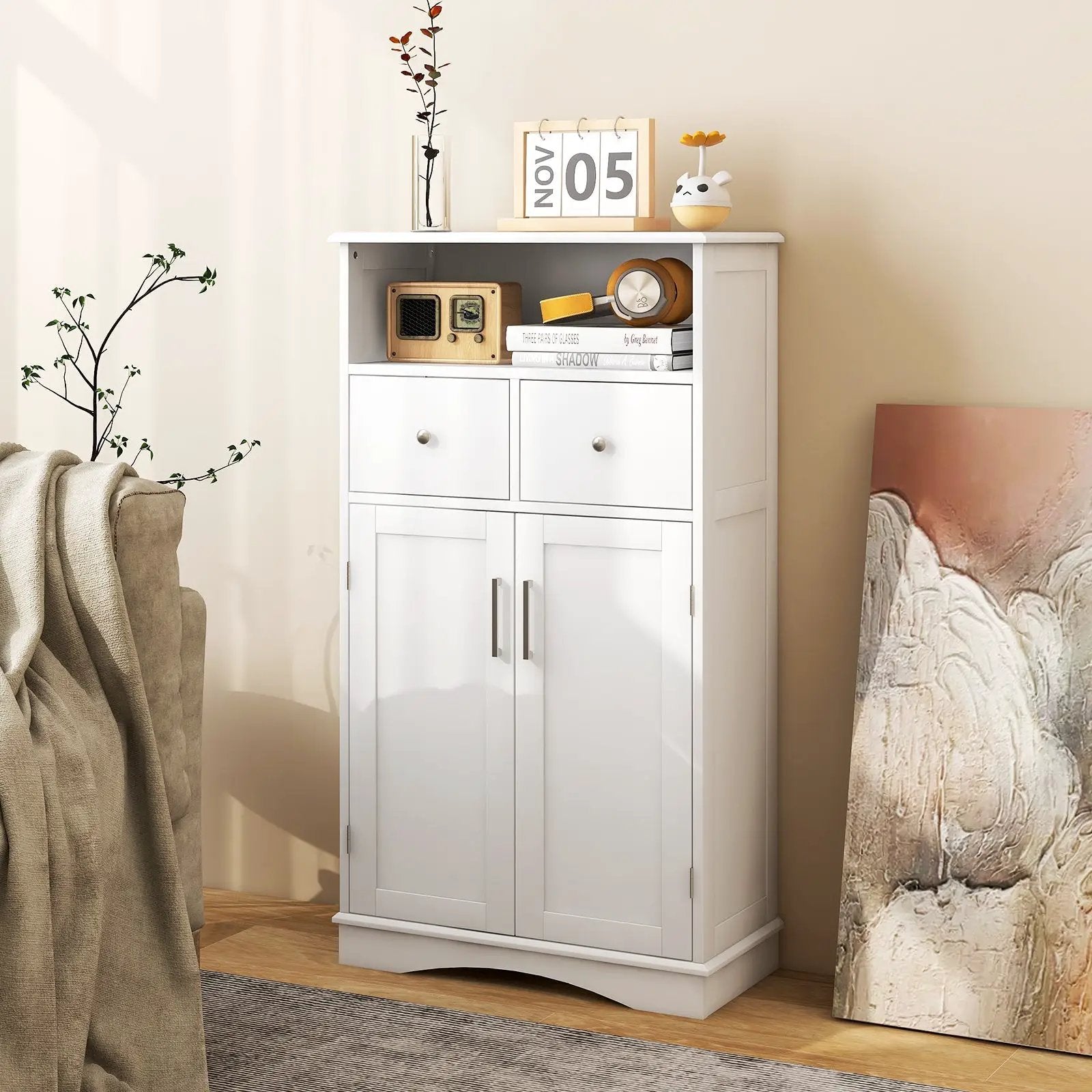 2 Doors Freeestanding Bathroom Floor Cabinet with 2 Drawers and Adjustable Shelves-White by DirectDeals