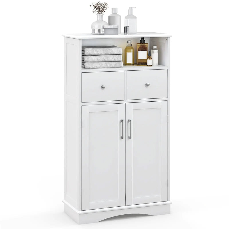2 Doors Freeestanding Bathroom Floor Cabinet with 2 Drawers and Adjustable Shelves-White by DirectDeals