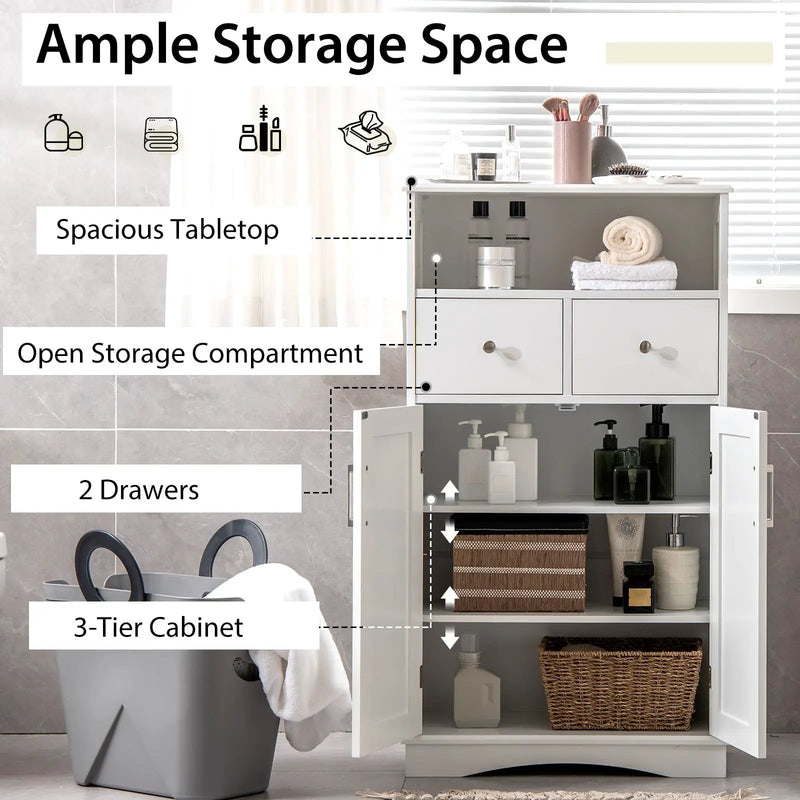 2 Doors Freeestanding Bathroom Floor Cabinet with 2 Drawers and Adjustable Shelves-White by DirectDeals