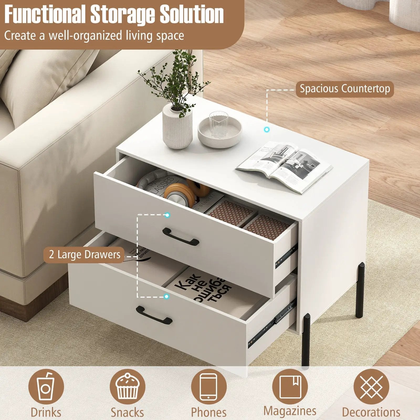 2-Drawer Dresser Modern Wooden Nightstand Set of 2-White by DirectDeals