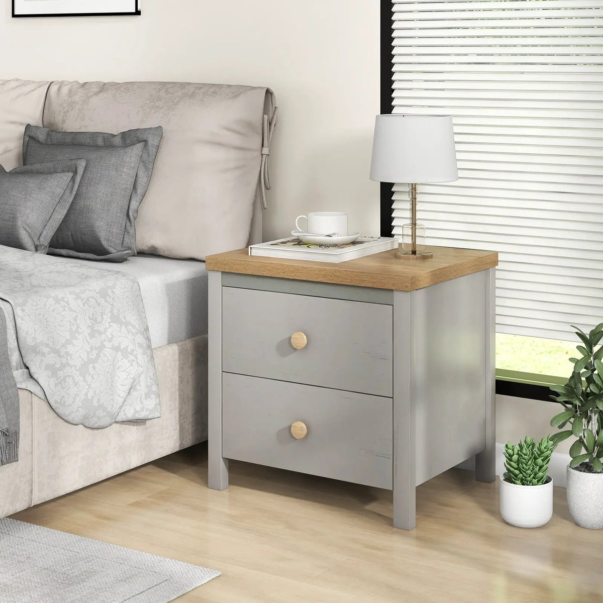 2-Drawer Nightstand with Rubber Wood Legs