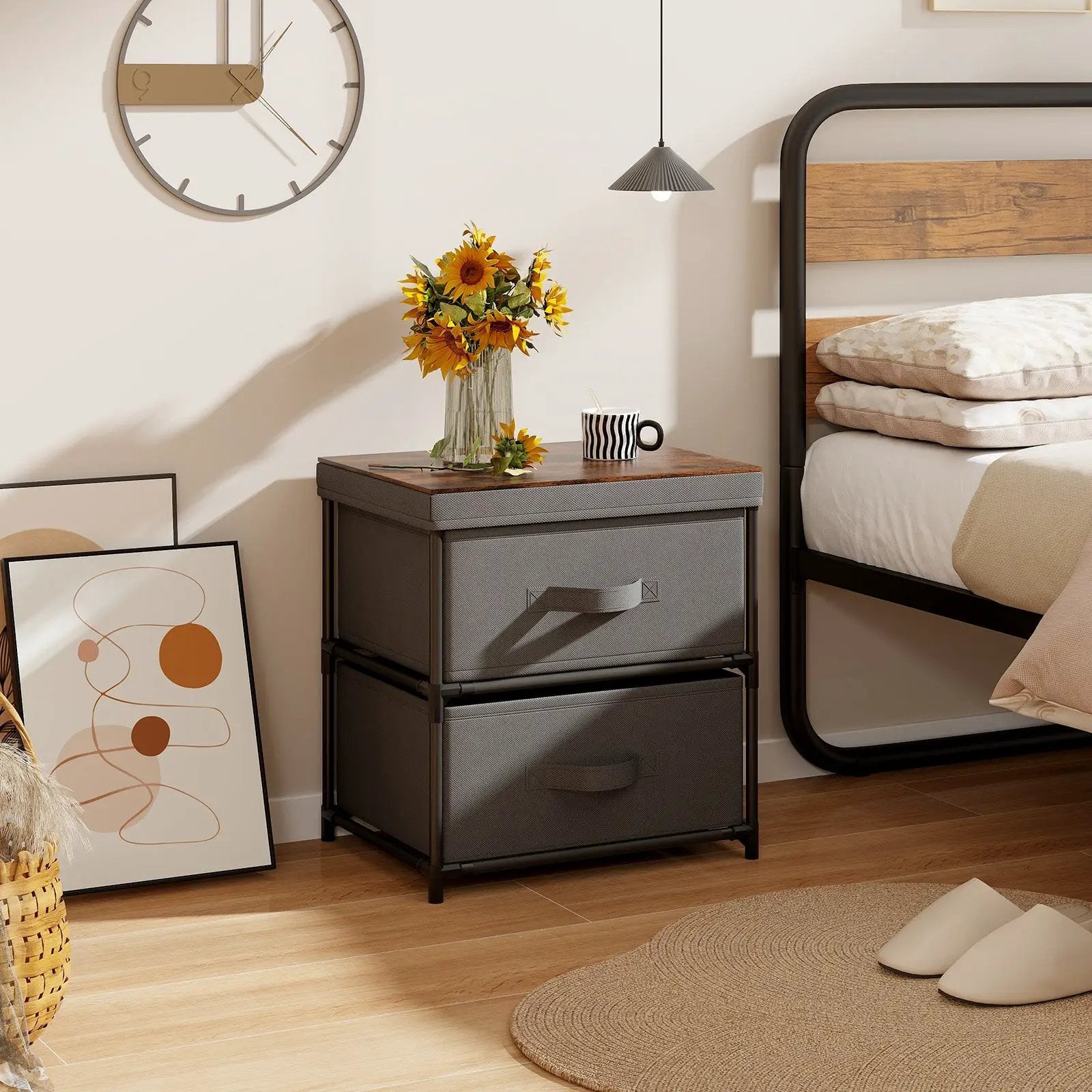 2-Drawer Nightstand with Removable Fabric Bins and Pull Handles by DirectDeals