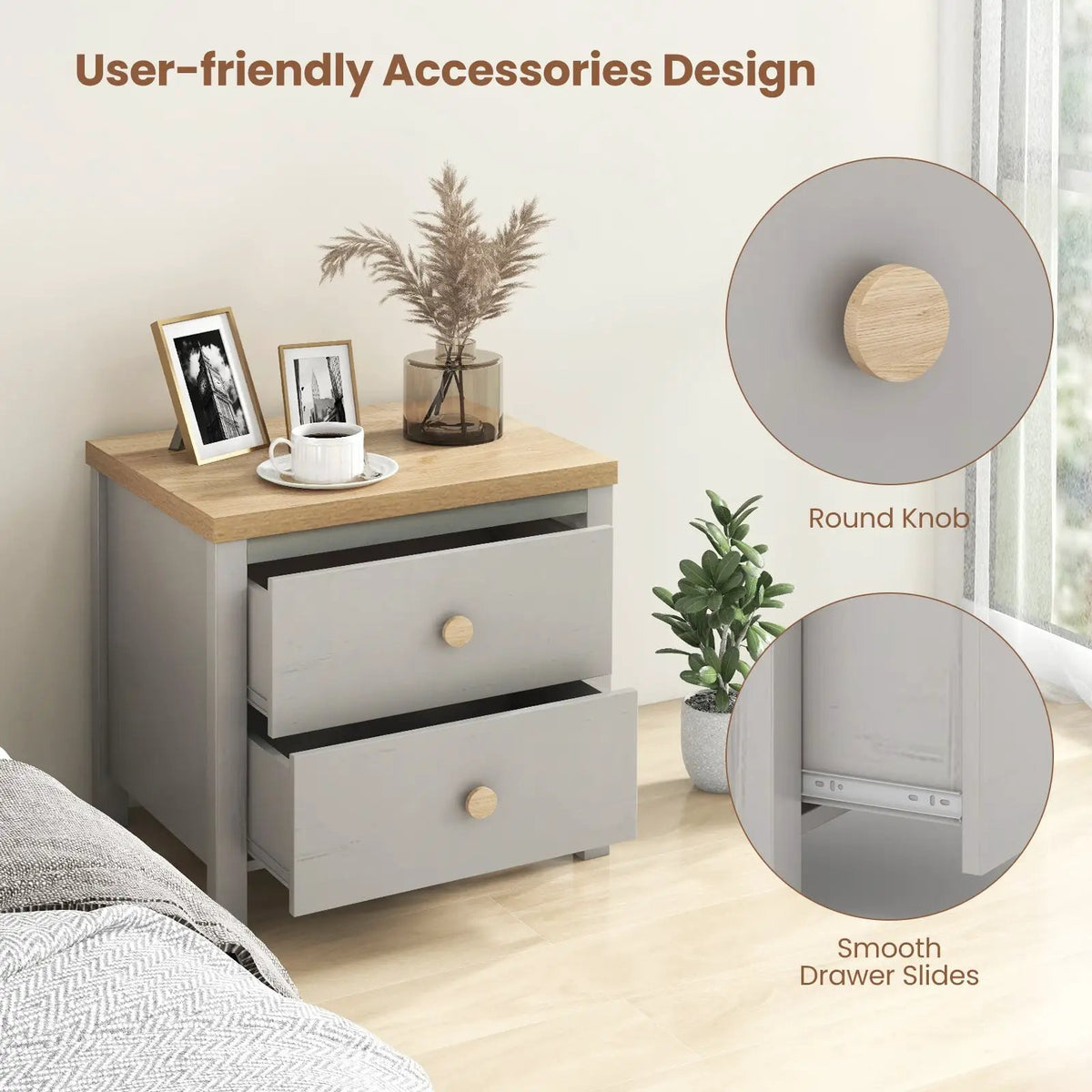 2-Drawer Nightstand with Rubber Wood Legs, photo 11 of 16