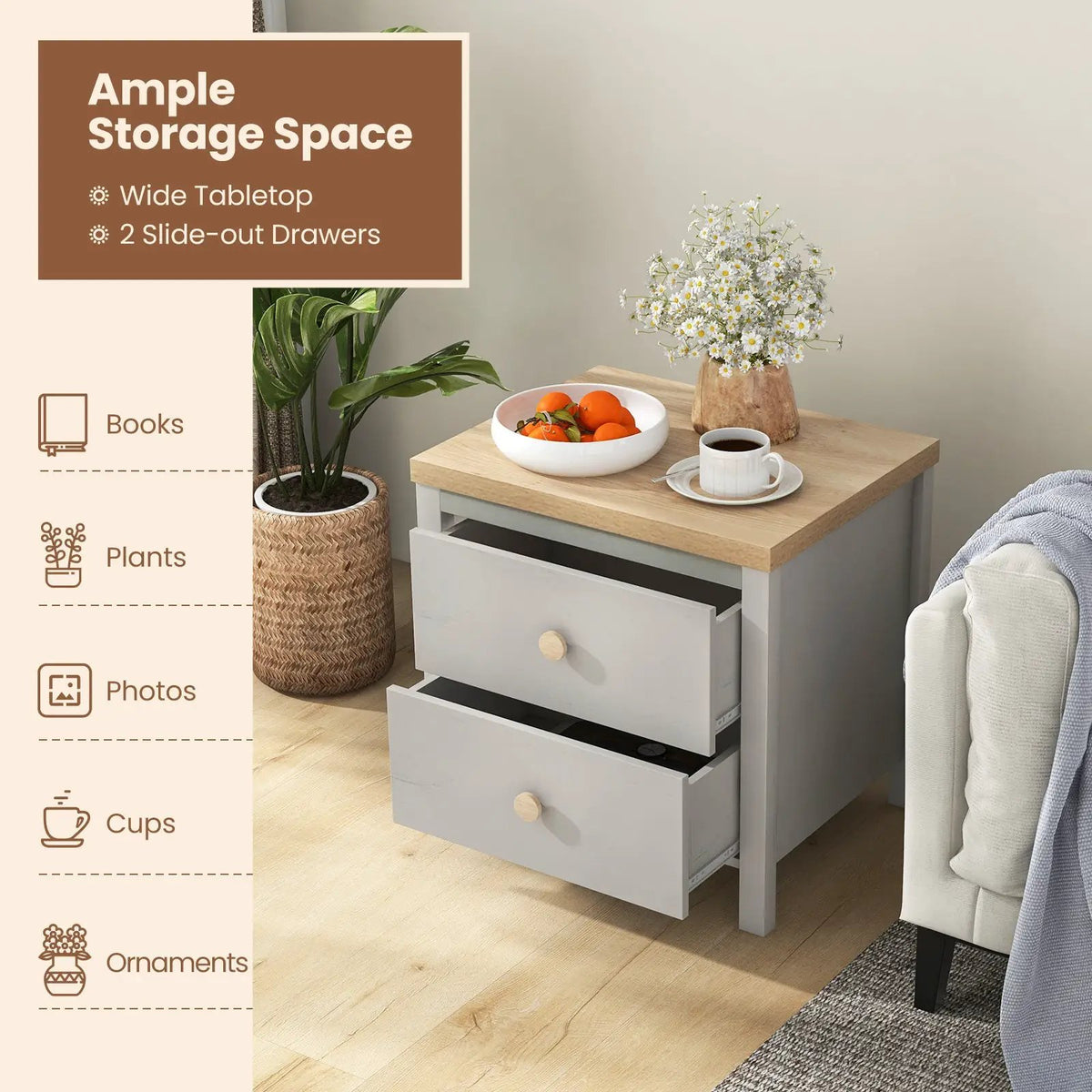 2-Drawer Nightstand with Rubber Wood Legs, photo 13 of 16