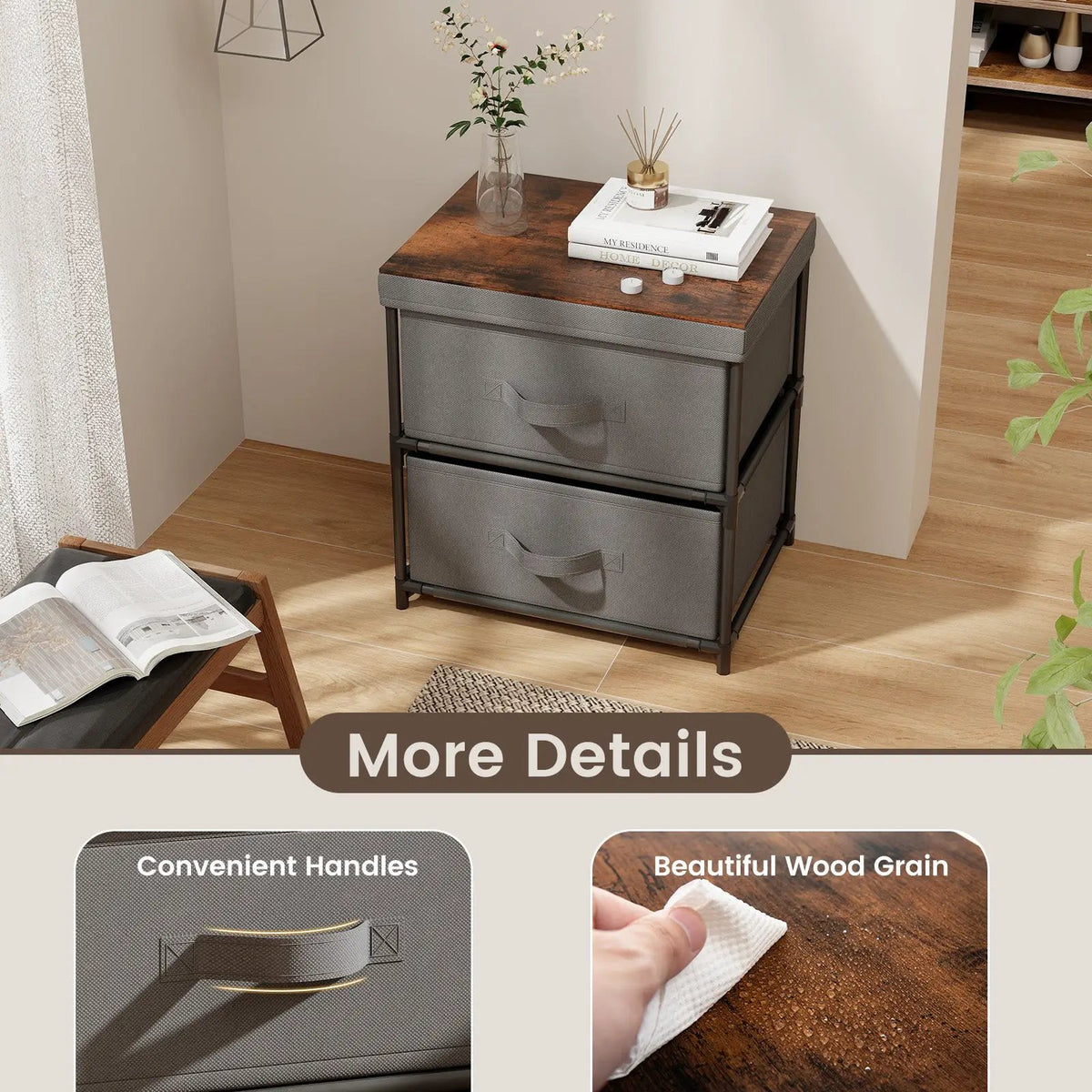 2-Drawer Nightstand with Removable Fabric Bins and Pull Handles, photo 13 of 16