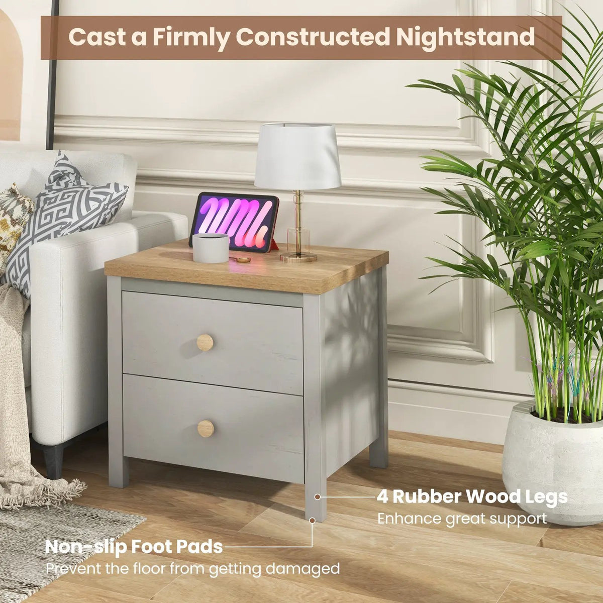 2-Drawer Nightstand with Rubber Wood Legs, photo 15 of 16