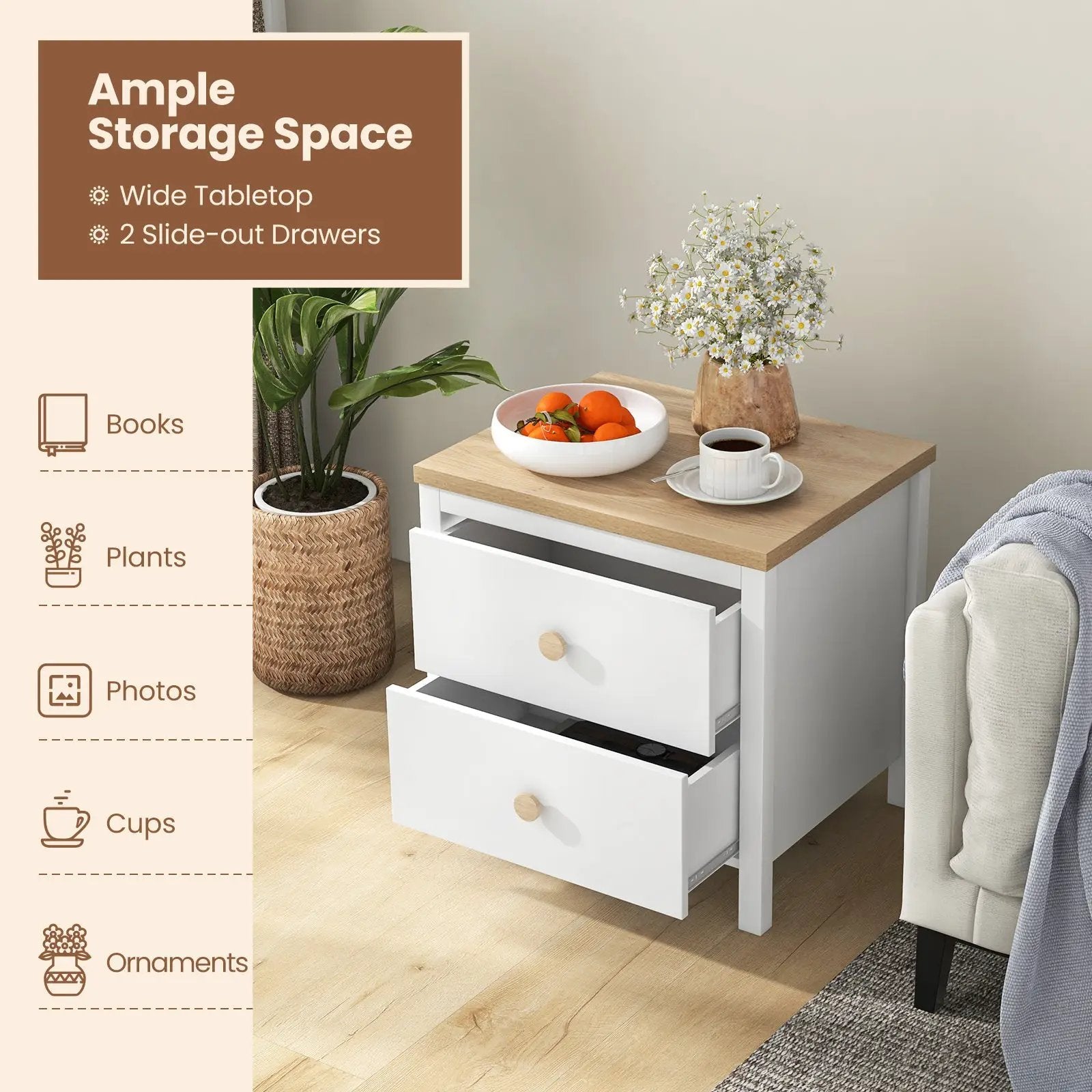 2-Drawer Nightstand with Rubber Wood Legs by DirectDeals