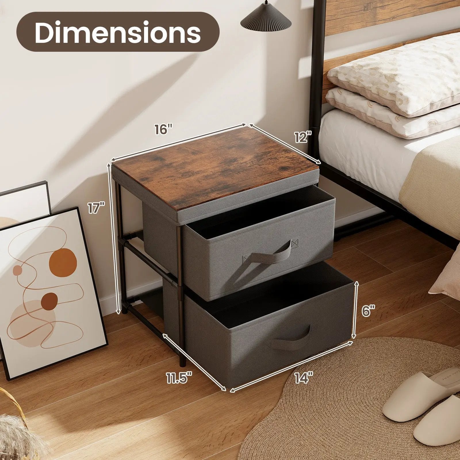 2-Drawer Nightstand with Removable Fabric Bins and Pull Handles by DirectDeals