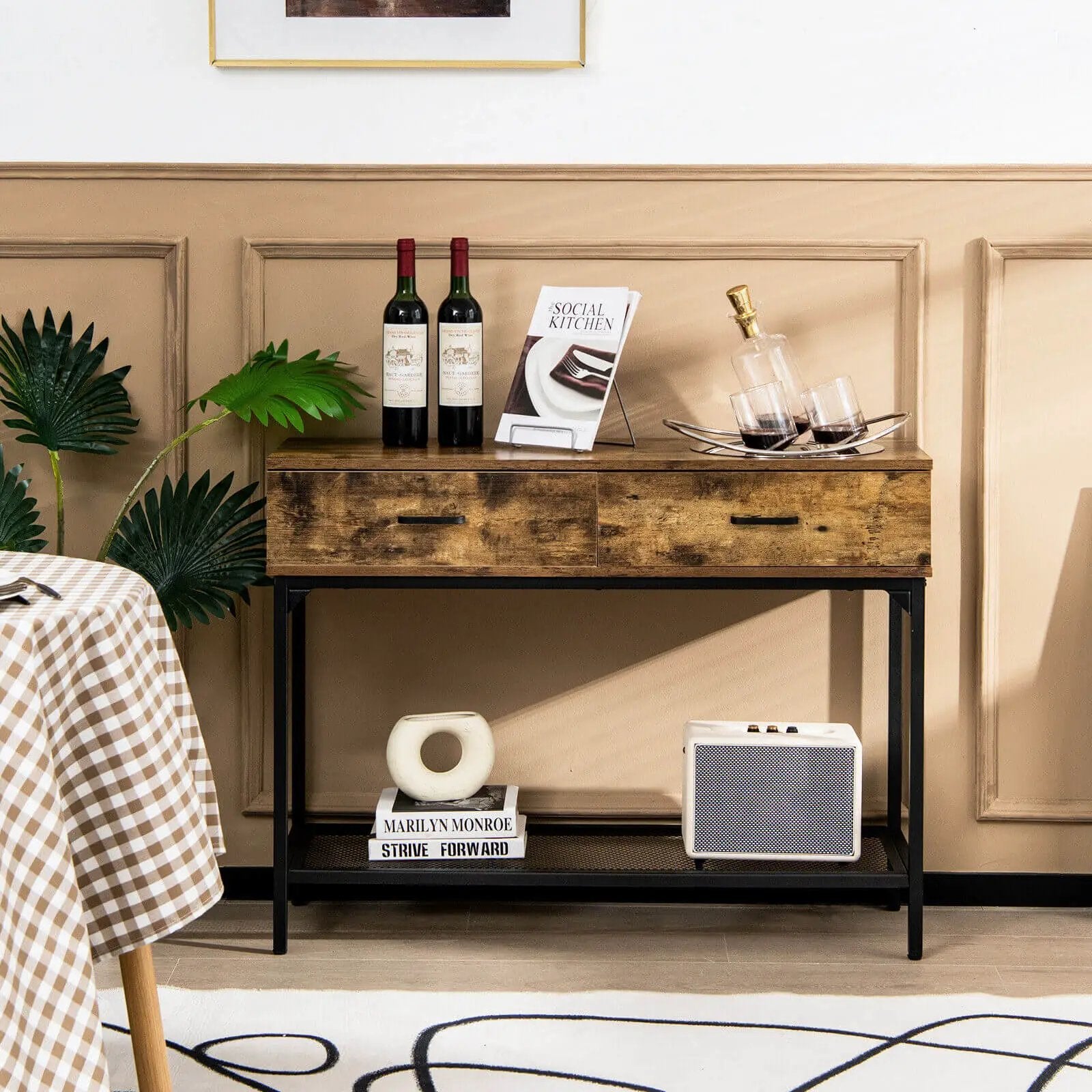 2 Drawers Industrial Console Table with Steel Frame for Small Space-Rustic Brown by DirectDeals