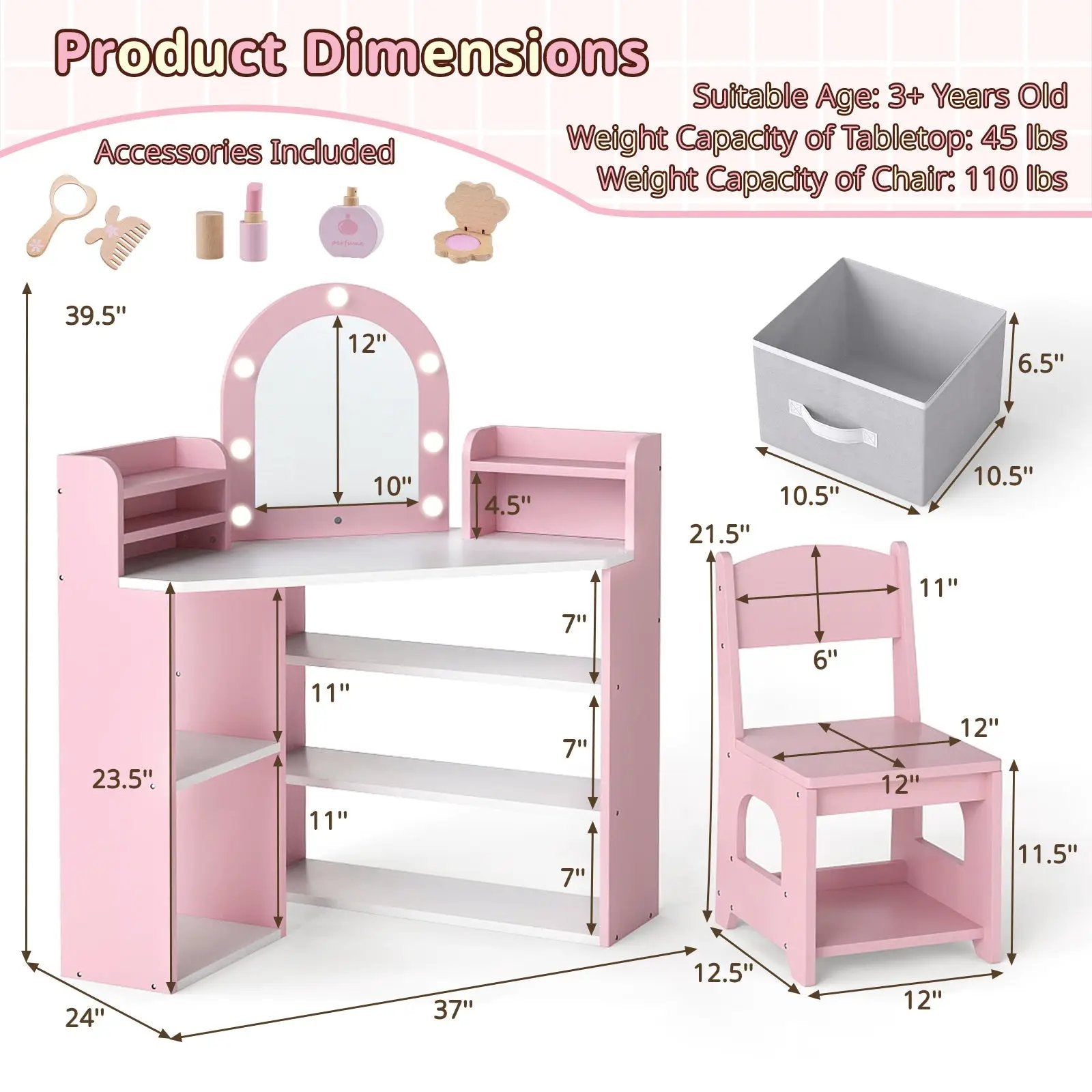 2-In-1 Kids Vanity Set with Lights for Toddlers 3+ Years Old by DirectDeals