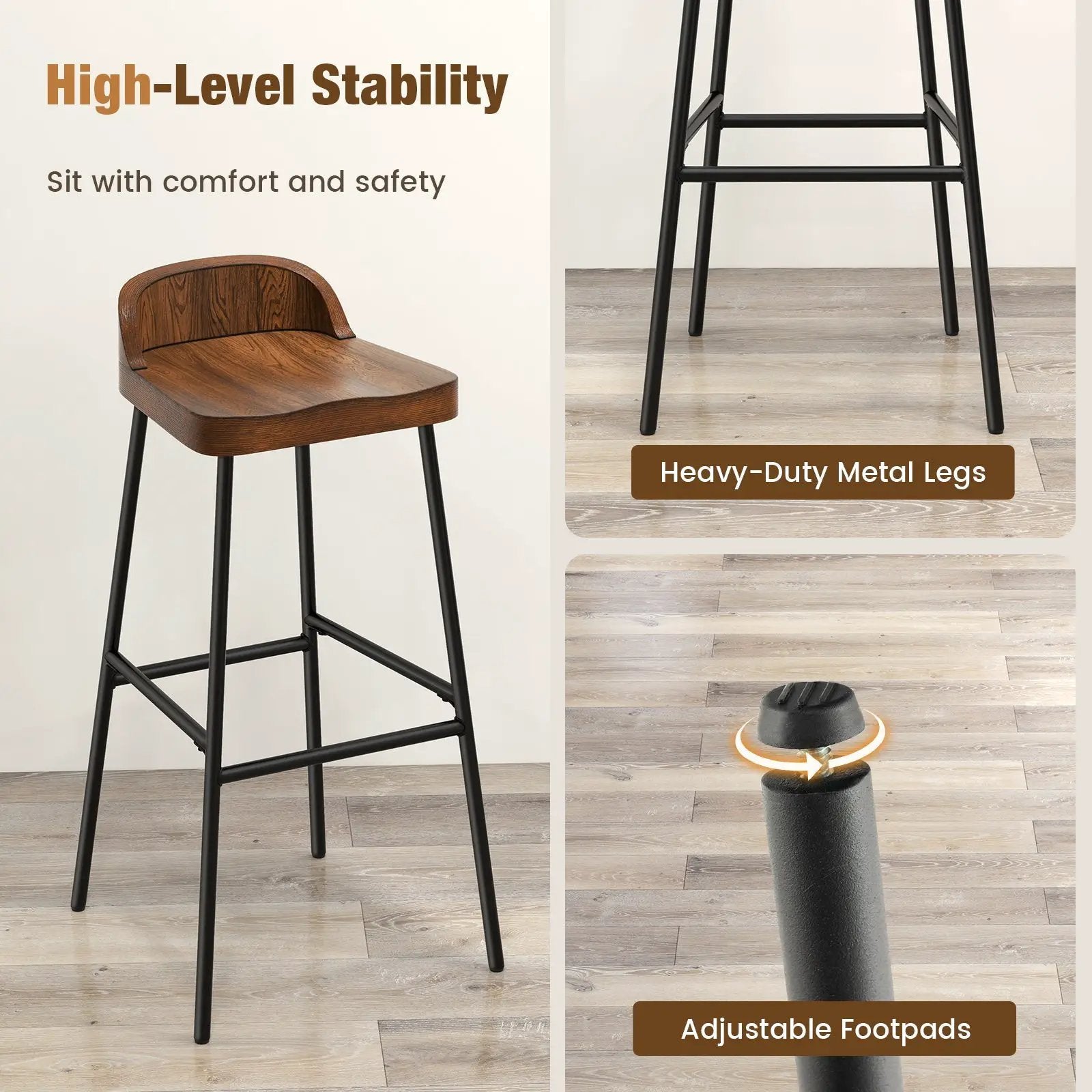 Set of 1/2 29 Inch Industrial Bar Stools with Low Back and Footrests by DirectDeals