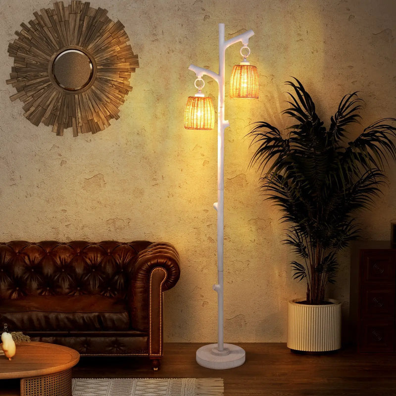 2 Light Tree Trunk Lamps with Wicker Shade-White by DirectDeals