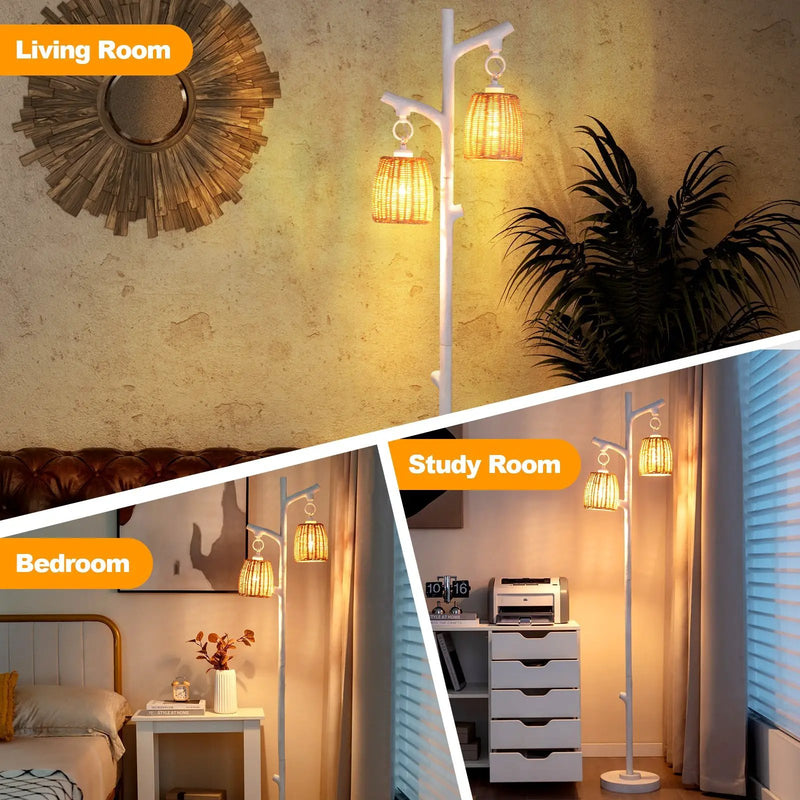 2 Light Tree Trunk Lamps with Wicker Shade-White by DirectDeals