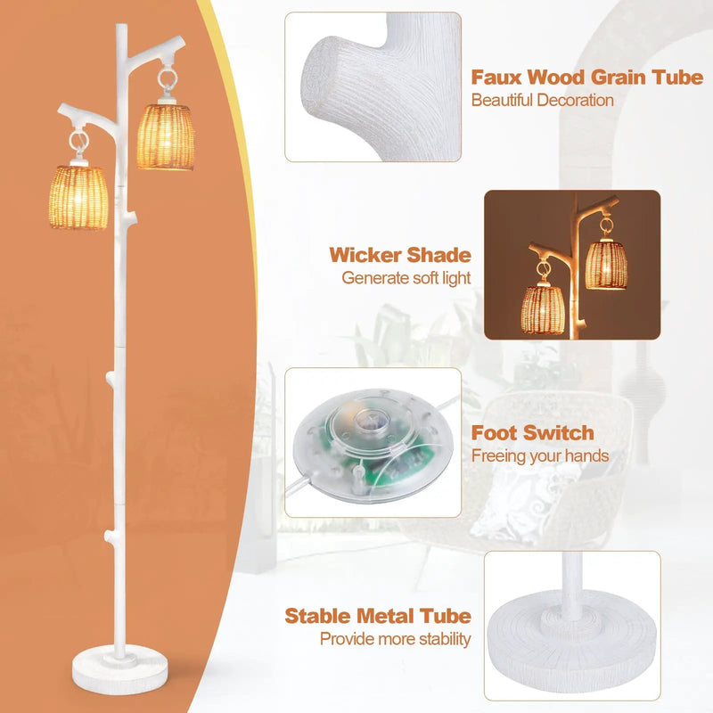 2 Light Tree Trunk Lamps with Wicker Shade-White by DirectDeals