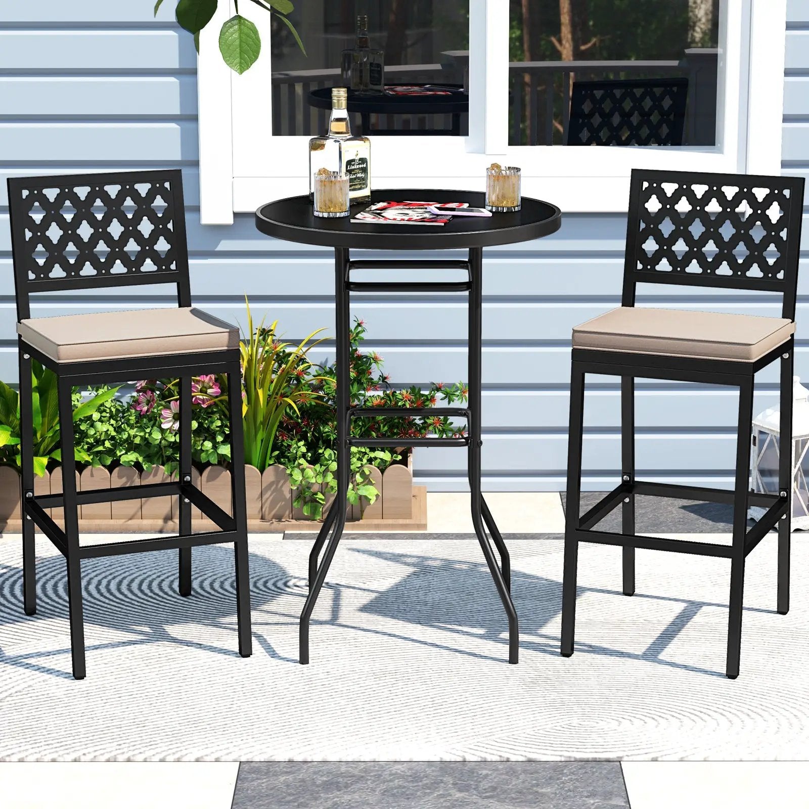 Set of 2 Patio Bar Chairs Counter Height with Detachable Cushion and Footrest-Argyle Pattern by DirectDeals