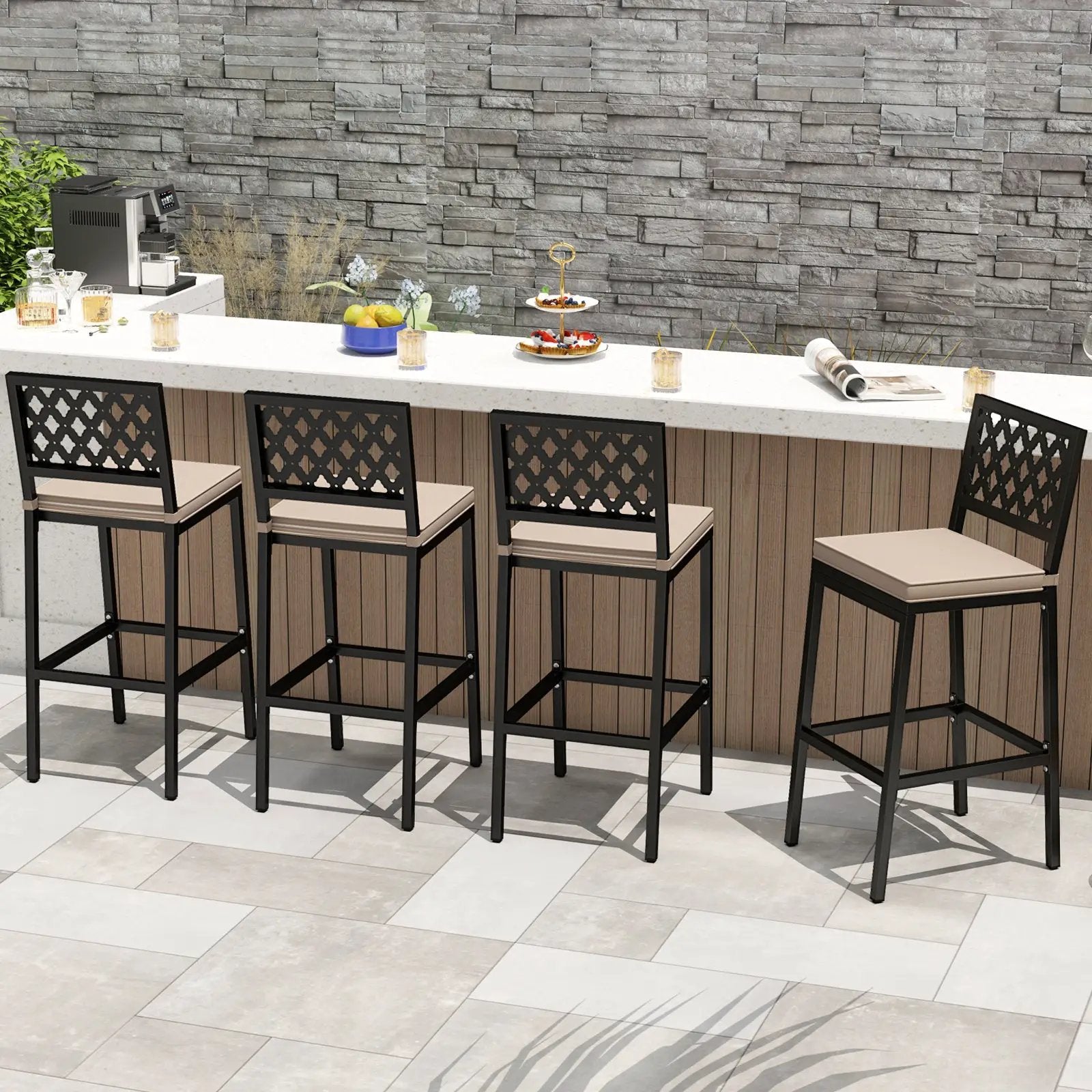 Set of 2 Patio Bar Chairs Counter Height with Detachable Cushion and Footrest-Argyle Pattern by DirectDeals