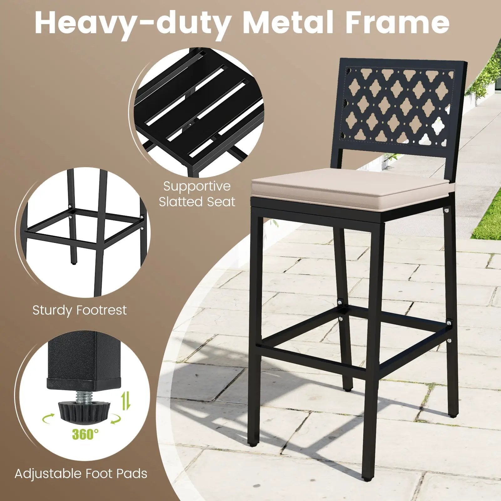 Set of 2 Patio Bar Chairs Counter Height with Detachable Cushion and Footrest-Argyle Pattern by DirectDeals
