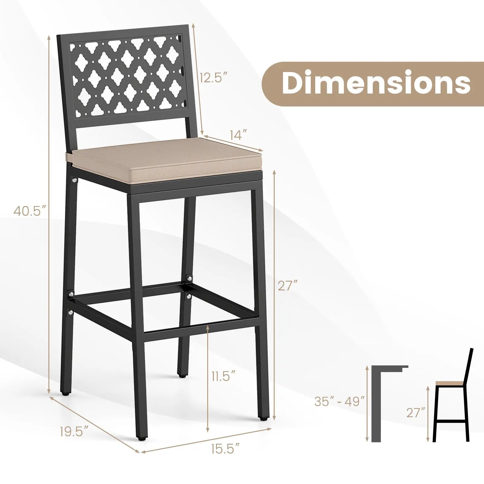 Set of 2 Patio Bar Chairs Counter Height with Detachable Cushion and Footrest-Argyle Pattern by DirectDeals