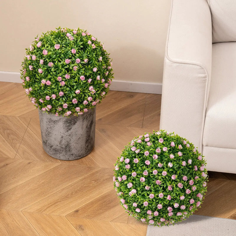 2 PCS Artificial Plant Topiary Balls 17.5 Inch Faux Decorative Balls with Pink Flowers by DirectDeals