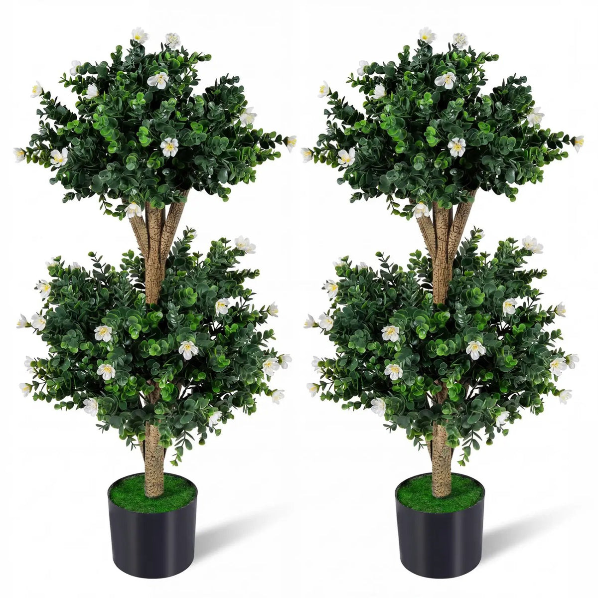 2 Pack 36" Artificial Double Ball Boxwood Topiary Tree with 41 Blossoms